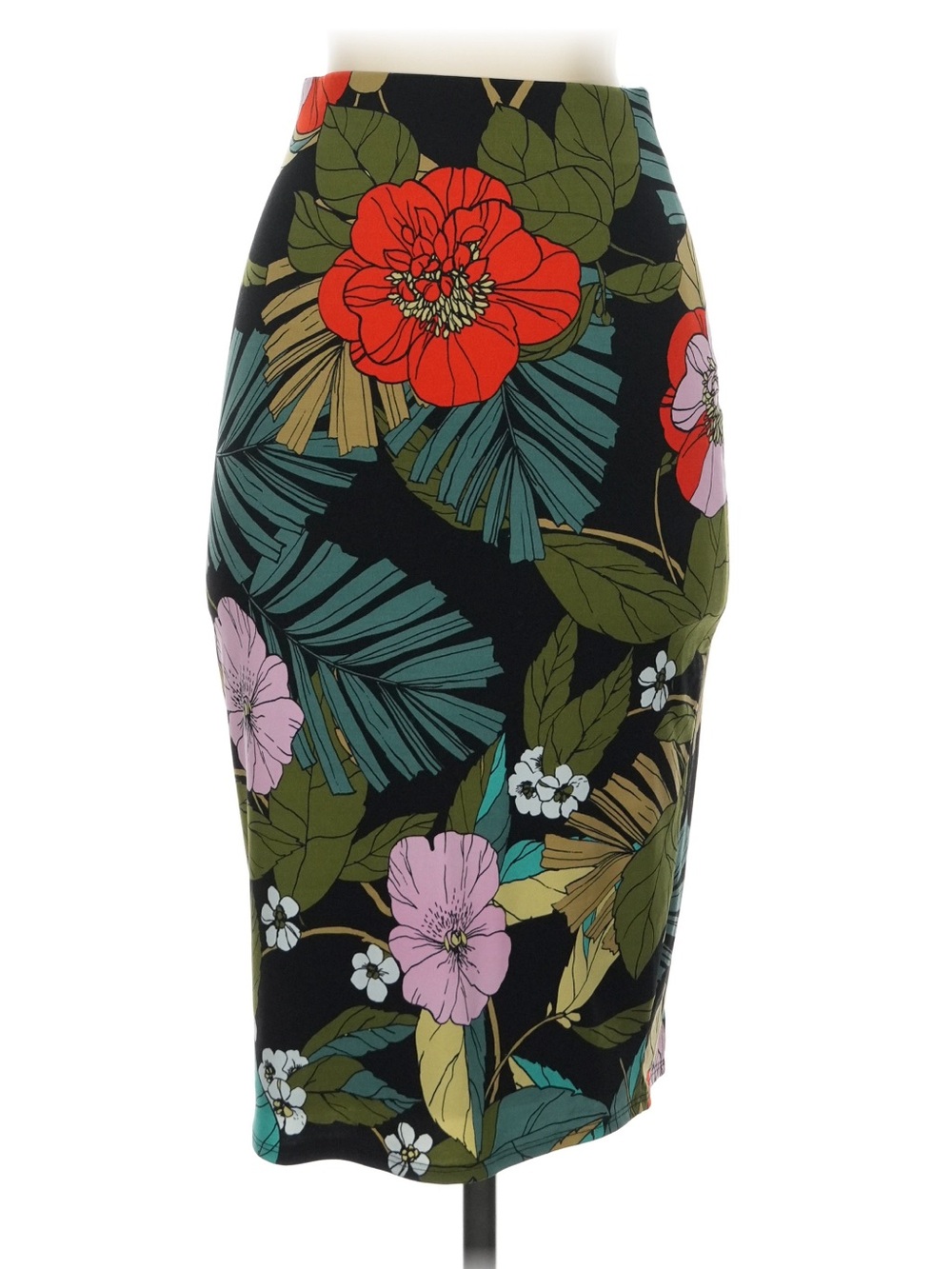 Guess Floral Midi Pencil Skirt - Black with Red & Pink Blooms